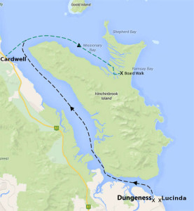 This is our trip route map starting from Lucinda or Dungeness travelling through the bays of cardwell then Mission Bay, Ramsay Bay and Hinchinbrook Island and walk of the Thorsborne Trail