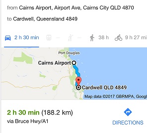DRIVE TIME AND DISTANCE MAP FROM CAIRNS AIRPORT TO CARDWELL